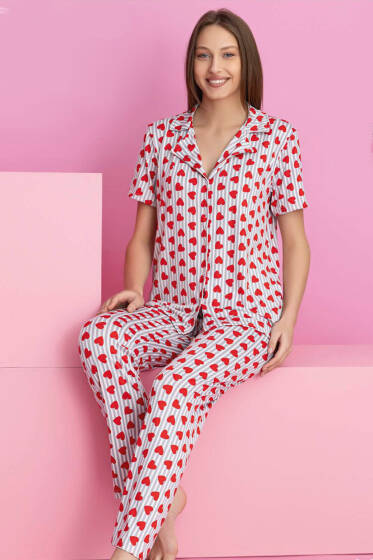Çizgili Kalp Detaylı Kısa Kol Düğmeli Pijama Takımı Gri - Pijama & Gecelik