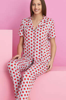 Çizgili Kalp Detaylı Kısa Kol Düğmeli Pijama Takımı Gri - Pijama & Gecelik