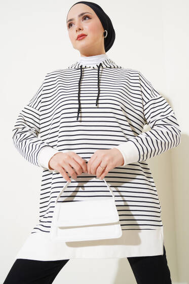 Çizgili Kapüşonlu İki İplik Tunik Siyah - Tunik