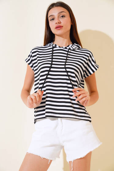 Çizgili Kapüşonlu T-shirt Siyah - Yeni Giyim