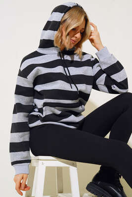 Çizgili Kapüşonlu Üç İplik Sweatshirt Gri 