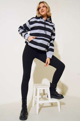 Çizgili Kapüşonlu Üç İplik Sweatshirt Gri - Kadın Giyim Modelleri