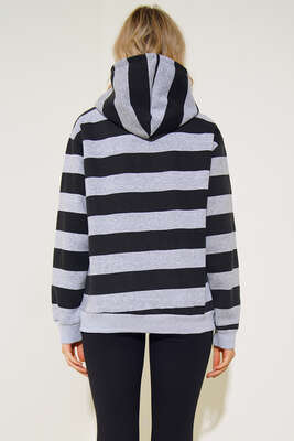 Çizgili Kapüşonlu Üç İplik Sweatshirt Gri - Kadın Giyim Modelleri