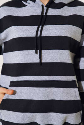 Çizgili Kapüşonlu Üç İplik Sweatshirt Gri - Kadın Giyim Modelleri
