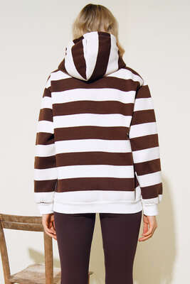 Çizgili Kapüşonlu Üç İplik Sweatshirt Kahve - Kadın Giyim Modelleri