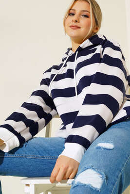 Çizgili Kapüşonlu Üç İplik Sweatshirt Lacivert 