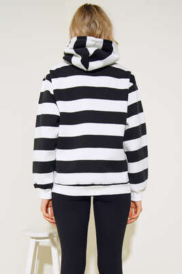 Çizgili Kapüşonlu Üç İplik Sweatshirt Siyah - Kadın Giyim Modelleri