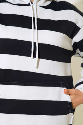 Çizgili Kapüşonlu Üç İplik Sweatshirt Siyah - Kadın Giyim Modelleri