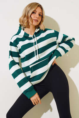 Çizgili Kapüşonlu Üç İplik Sweatshirt Zümrüt 