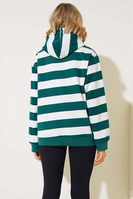 Çizgili Kapüşonlu Üç İplik Sweatshirt Zümrüt - Kadın Giyim Modelleri
