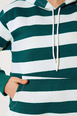 Çizgili Kapüşonlu Üç İplik Sweatshirt Zümrüt - Kadın Giyim Modelleri