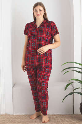 Çizgili Kare Desen Kısa Kol Büyük Beden Pijama Takım Kırmızı - Kadın Pijama Takımı