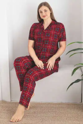 Çizgili Kare Desen Kısa Kol Büyük Beden Pijama Takım Kırmızı - Kadın Pijama Takımı