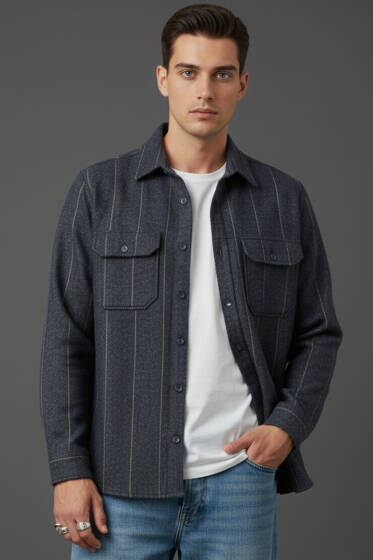 Çizgili Kaşe Gömlek Lacivert - Erkek Gömlek