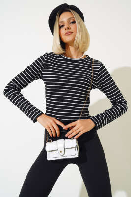 Çizgili Kaşkorse Bluz Siyah - Kadın Giyim Modelleri