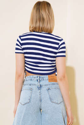 Çizgili Kaşkorse Crop Lacivert - Kadın Giyim Modelleri