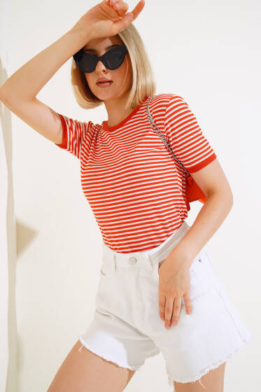 Çizgili Kaşkorse T-shirt Oranj - Yeni Giyim