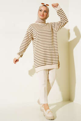 Çizgili Kaşkorse Yırtmaçlı Tunik Kahve - Tunik