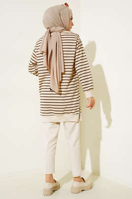 Çizgili Kaşkorse Yırtmaçlı Tunik Kahve - Tunik