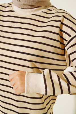 Çizgili Kaşkorse Yırtmaçlı Tunik Kahve - Tunik