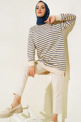 Çizgili Kaşkorse Yırtmaçlı Tunik Lacivert 