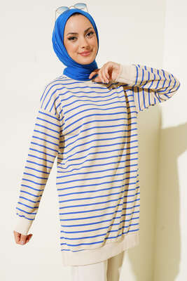 Çizgili Kaşkorse Yırtmaçlı Tunik Saks 