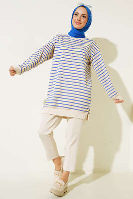 Çizgili Kaşkorse Yırtmaçlı Tunik Saks - Tunik