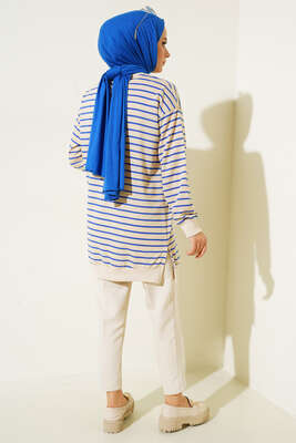 Çizgili Kaşkorse Yırtmaçlı Tunik Saks - Tunik