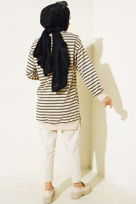 Çizgili Kaşkorse Yırtmaçlı Tunik Siyah - Tunik