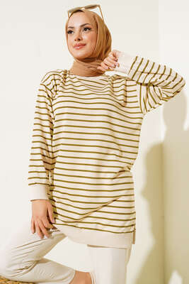 Çizgili Kaşkorse Yırtmaçlı Tunik Yağ Yeşili 