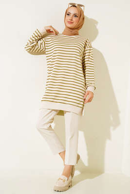 Çizgili Kaşkorse Yırtmaçlı Tunik Yağ Yeşili - Tunik