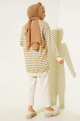 Çizgili Kaşkorse Yırtmaçlı Tunik Yağ Yeşili - Tunik