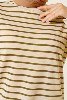 Çizgili Kaşkorse Yırtmaçlı Tunik Yağ Yeşili - Tunik