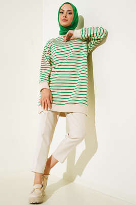 Çizgili Kaşkorse Yırtmaçlı Tunik Yeşil - Tunik