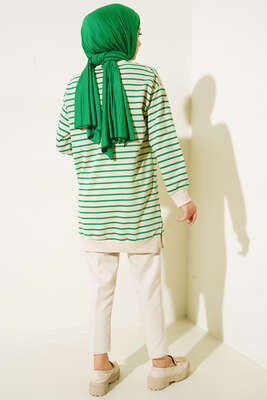 Çizgili Kaşkorse Yırtmaçlı Tunik Yeşil - Tunik