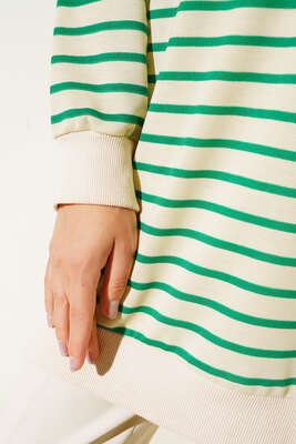 Çizgili Kaşkorse Yırtmaçlı Tunik Yeşil - Tunik