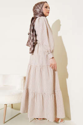 Çizgili Kat Elbise Bej - Tesettür Elbise