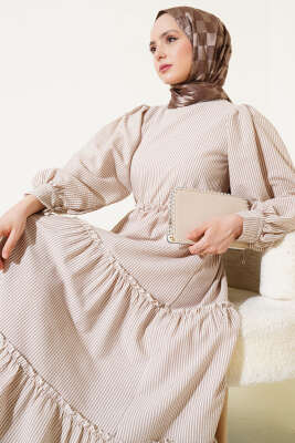 Çizgili Kat Elbise Bej - Tesettür Elbise