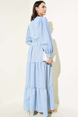 Çizgili Kat Elbise İndigo - Tesettür Elbise