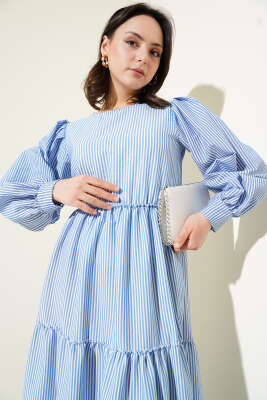 Çizgili Kat Elbise İndigo - Tesettür Elbise