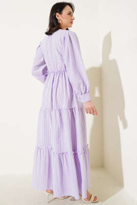 Çizgili Kat Elbise Lila - Tesettür Elbise