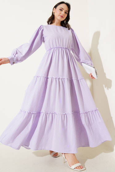 Çizgili Kat Elbise Lila - Tesettür Elbise