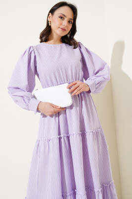 Çizgili Kat Elbise Lila - Tesettür Elbise
