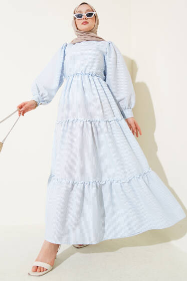 Çizgili Kat Elbise Mavi - Elbise