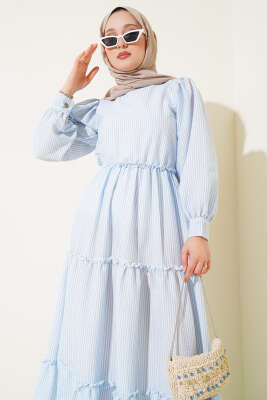 Çizgili Kat Elbise Mavi - Tesettür Elbise
