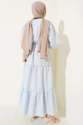 Çizgili Kat Elbise Mavi - Tesettür Elbise