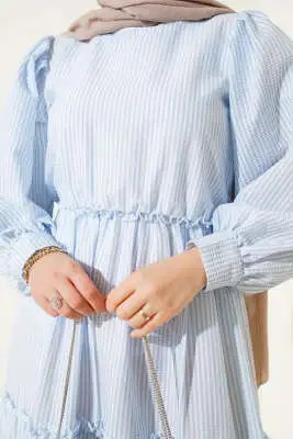 Çizgili Kat Elbise Mavi - Tesettür Elbise