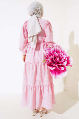 Çizgili Kat Elbise Pembe - Tesettür Elbise