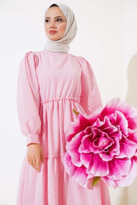 Çizgili Kat Elbise Pembe - Tesettür Elbise