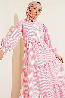 Çizgili Kat Elbise Pembe - Tesettür Elbise